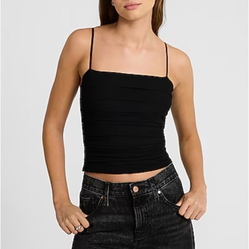 Express Mesh Square Neck Ruched Cropped Cami Black Women Size Small Body Contour